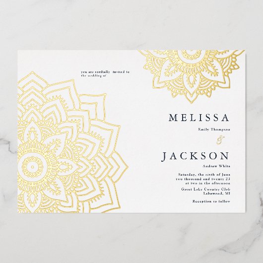 デリケート金ゴールド結婚マンダラズフォイル招待状 箔招待状 (正面)
