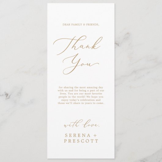 デリケート金ゴールド茶の長さありがとう披露宴カード メニュー (正面)