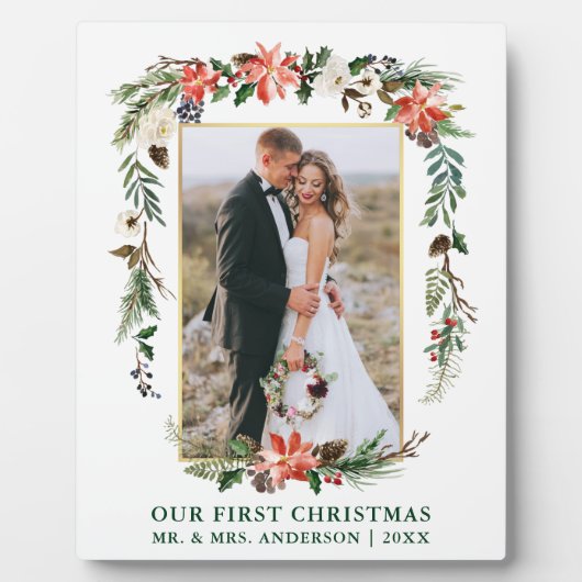 デルの初めてのクリスマスズ水彩ポインセチア写真 フォトプラーク (正面)