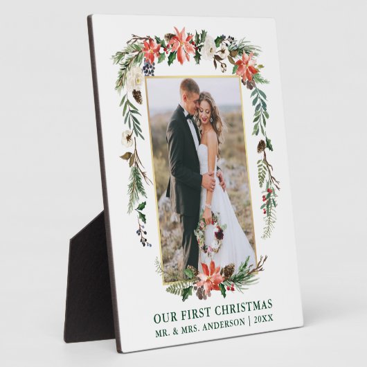 デルの初めてのクリスマスズ水彩ポインセチア写真 フォトプラーク (側面)