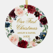 デルの初めてのクリスマスフローラリース金ゴールドフォトバック セラミックオーナメント (正面)