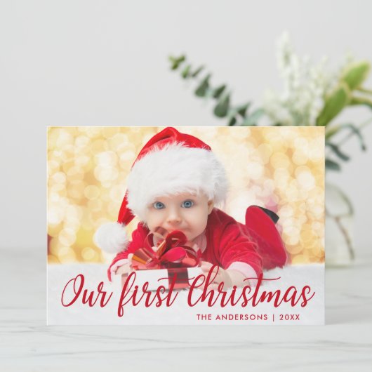 デルの初めてのクリスマスレッドスクリプトフォトカードRd 招待状 (スタンド正面)