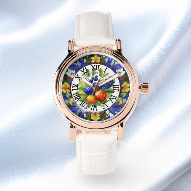 デルタイタリアンブーケの果物と野菜をモチーフにしたモチーフ 腕時計 (Zazzle Italian Deruta Bouquet Fruits And Vegetables Motif Watch Satin Background)