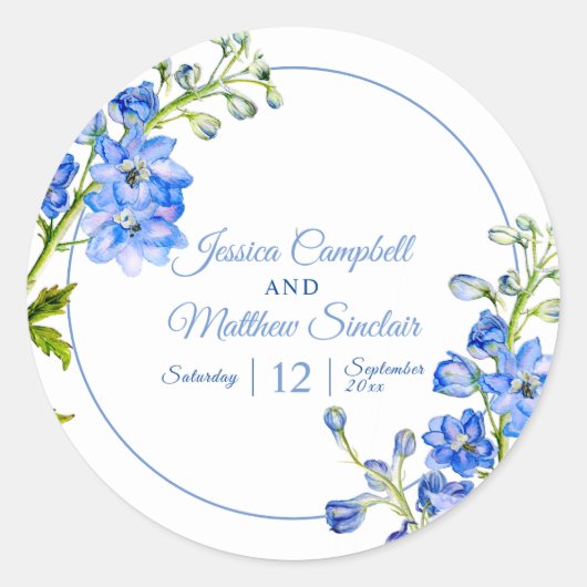 デルフィニウムの花の青い水の色結婚のアート ラウンドシール (正面)