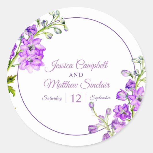 デルフィニウムの花パープルウォーター結婚カラーアート ラウンドシール (正面)