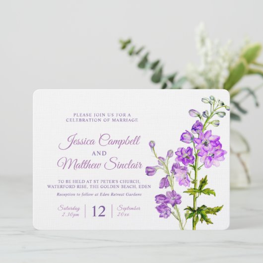 デルフィニウムの花パープルウォーター結婚カラーアート 招待状 (スタンド正面)