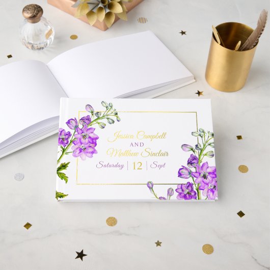 デルフィニウムの花 紫 水彩 結婚式 ゴールド ゲストブック (正面見開き)