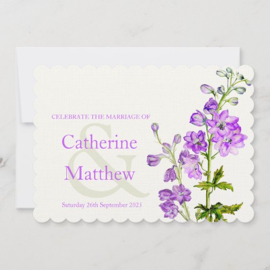 デルフィニウム紫色の水彩結婚式の招待 招待状 (正面)