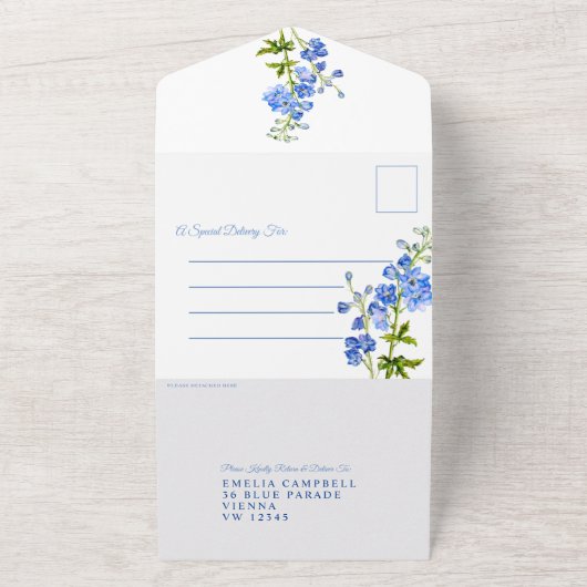 デルフィニウム青い花の水の色結婚の芸術 オールインワン招待状 (外側)