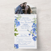 デルフィニウム青い花の水の色結婚の芸術 オールインワン招待状 (内側)