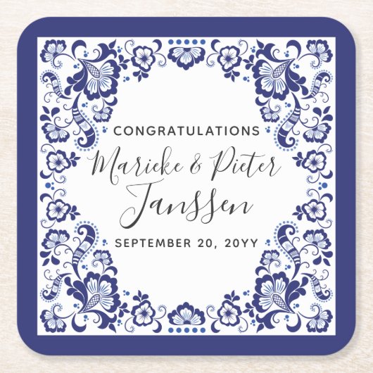 デルフツブラウデルフトブルーオランダ結婚ズディナー スクエアペーパーコースター (正面)