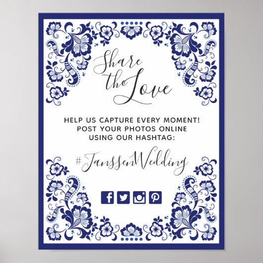 デルフツ ブルーの結婚式デザイン | Delft Blue 結婚式 ハッシュタグ写真 ポスター (正面)