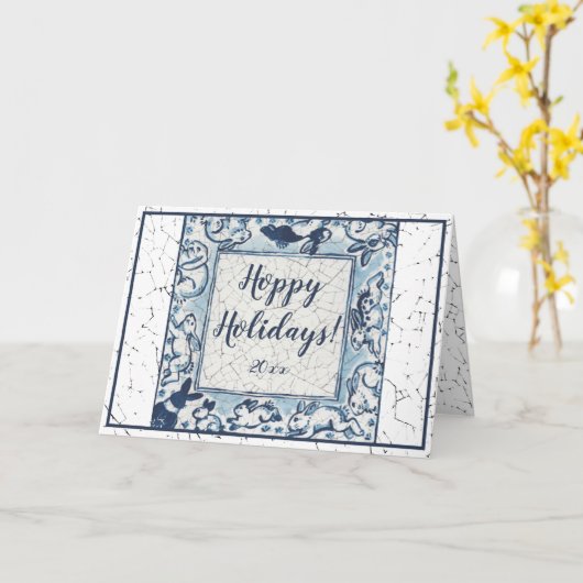 デルフトお洒落バニーラビットアートヴィンテージクリスマス カード (黄色い花)