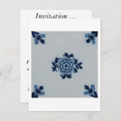 デルフトのクラシックな古書売買の青いタイル-花のモチーフ 招待状 (正面/裏面)