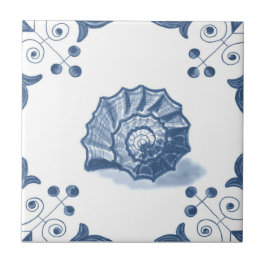 デルフトのスクロールコーナーが付いている螺線形の貝のタイル タイル