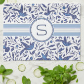 デルフトのモノグラムのな青い鳥及び葉パターン キッチンタオル (折り畳み)