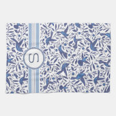 デルフトのモノグラムのな青い鳥及び葉パターン キッチンタオル (横)