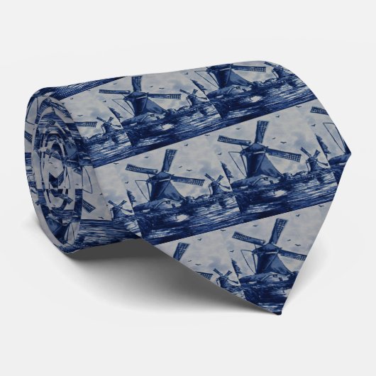 デルフトの旧式な青いタイル-水による風車 ネクタイ (ロール)