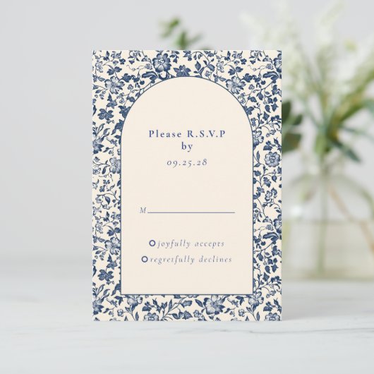デルフトウェアヴィンテージブルーフローラアーチレスポンスrsvp 出欠カード (スタンド正面)