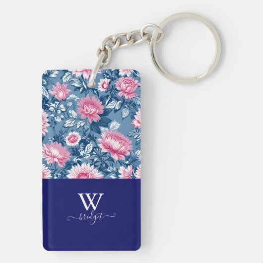 デルフトブルーとピンクエレガントのモダンフローラ キーホルダー (裏面)