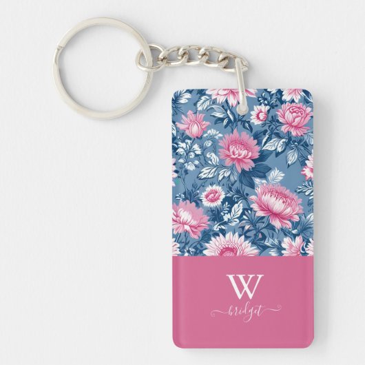デルフトブルーとピンクエレガントのモダンフローラ キーホルダー (正面)