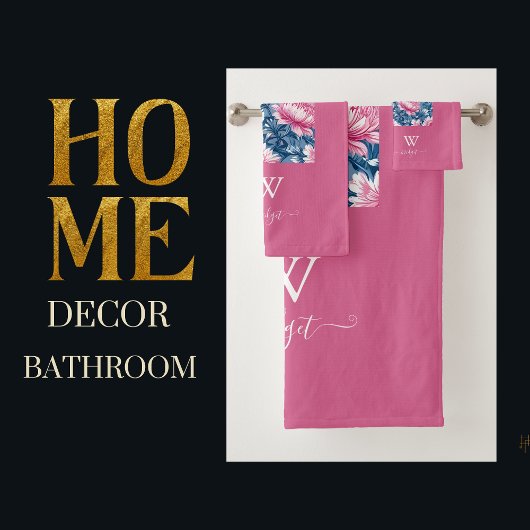 デルフトブルーとピンクエレガントのモダンフローラ バスタオルセット