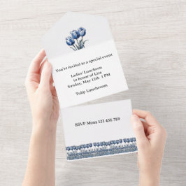 デルフトブルーのカスタマイズ可能なチューリップ オールインワン招待状