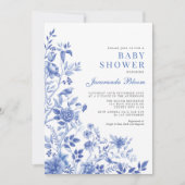 デルフトブルーのシノワズリーデザインのニュートラルなベビーシャワー 招待状 (正面)