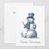 デルフトブルーの水彩雪だるまのホリデーカード シーズンカード (正面/裏面)