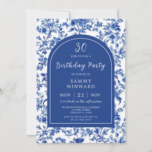 デルフトブルーアンティークチノイスリーバースデーパーティー 招待状 (正面)