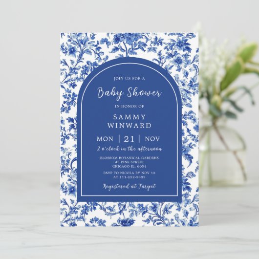 デルフトブルーアンティークチノイスリーベビーシャワー 招待状 (スタンド正面)