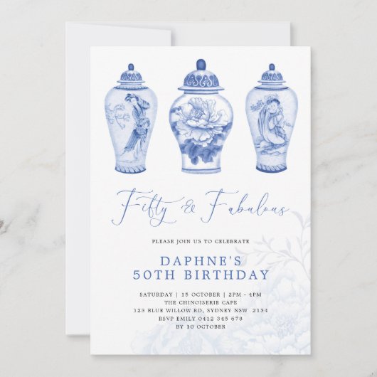 デルフトブルーチノイスリージンジャージャー50誕生日 招待状 (正面)