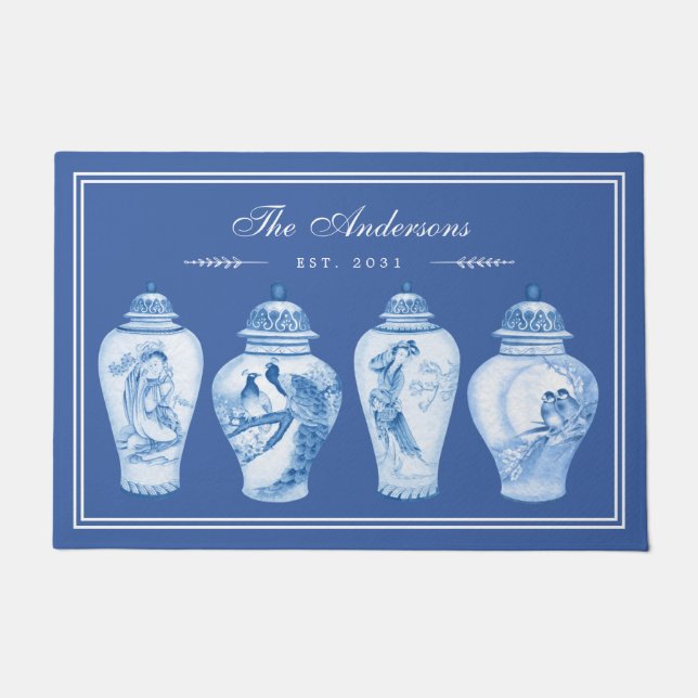 デルフトブルーチノイスリージンジャーズファミリーモノグラム ドアマット (正面)