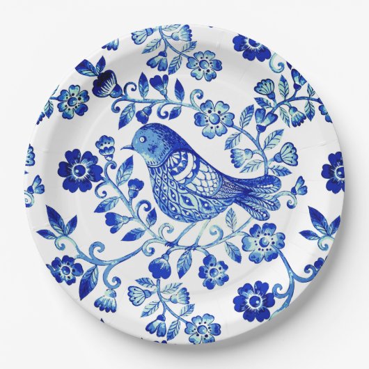 デルフトブルーバード🐦フローラカフランスのントリーストリル ペーパープレート (正面)