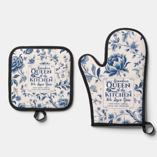 デルフトブルーホワイトポーズハンプトンフローラ祖母 鍋つかみ&鍋敷きセット (正面)