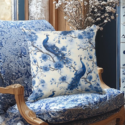 デルフトブルーヴィンテージフランスのチノイスリーピーコック クッション