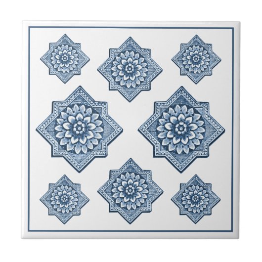 デルフトブルー中国ルック観賞用フロレットパターン タイル (正面)
