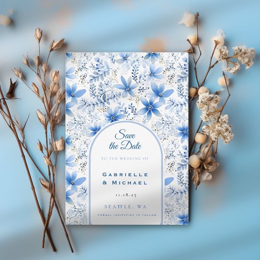 デルフトブルー白Chinoiserieフローラルパターン セーブザデート