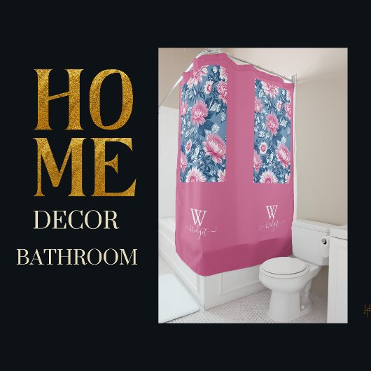 デルフトブルー&ピンクチノイエレガントズリー シャワーカーテン