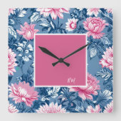 デルフトブルー&ピンクヴィンテージビューティフルガーデンフラワー スクエア壁時計 (正面)