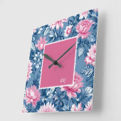デルフトブルー&ピンクヴィンテージビューティフルガーデンフラワー スクエア壁時計 (傾斜)