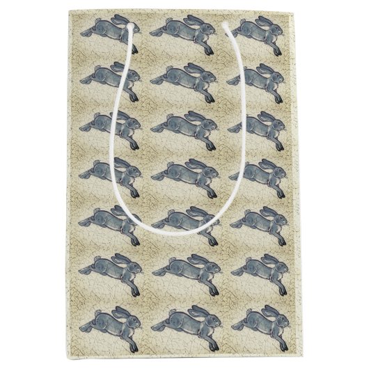 デルフトブルー&ホワイトラビットタイルデザインヴィンテージヘア ミディアムペーパーバッグ (正面)