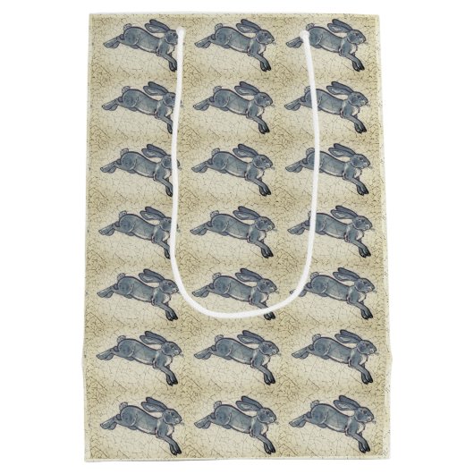 デルフトブルー&ホワイトラビットタイルデザインヴィンテージヘア ミディアムペーパーバッグ (裏面)