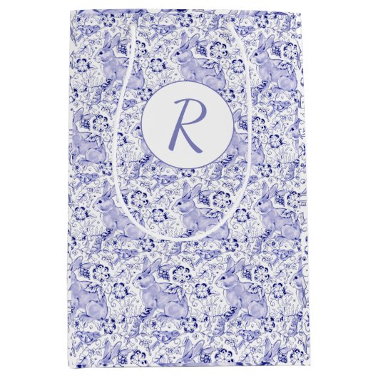 デルフトブルー&白うさぎ鳥イースターモノグラム ミディアムペーパーバッグ (正面)