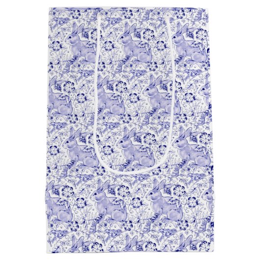 デルフトブルー&白うさぎ鳥イースターモノグラム ミディアムペーパーバッグ (裏面)