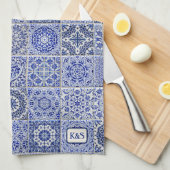 デルフト陶器が青いタイルをイニシャル キッチンタオル (四つ折り)