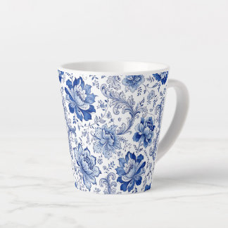 デルフト風ブルーホワイトの花の幻想的なデザイン カフェラテマグ