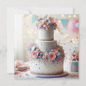 デレケートブルー&ピンクフローラ誕生日 カード (正面)