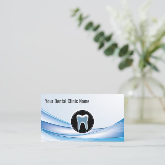 デンタルケアのモダンで青いカーブの歯科医 名刺 (スタンド正面)