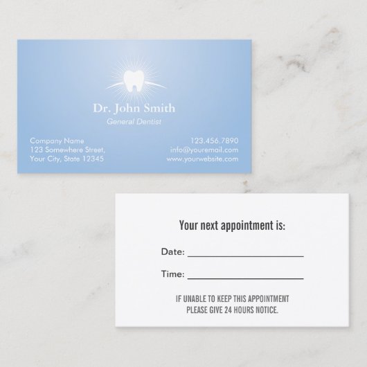 デンタルケアの淡いブルーの歯科医のアポイントメント 予約カード (正面/裏面)
